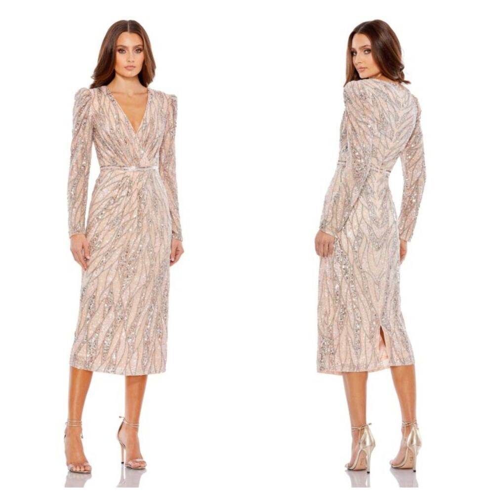 Mac Duggal 5574 Long Sleeve V Neck Beaded Dress in Rose Gold Pink Blush Size 20